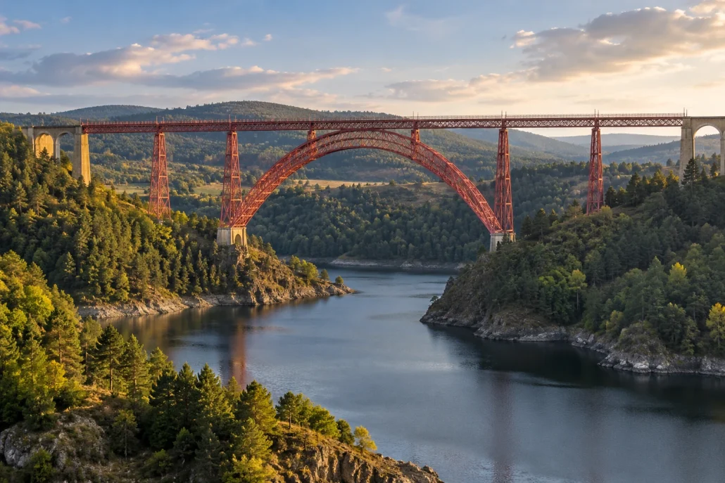 Viaduc métallique rouge de Garabit au-dessus de la Truyère