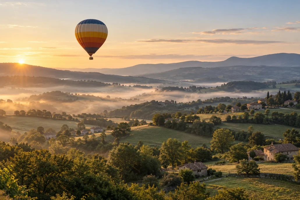 Montgolfière au-dessus des collines ardéchoises près d’Annonay
